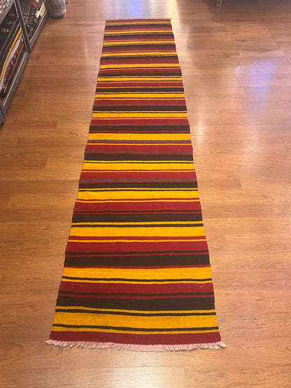 Vintage Turkish Kilim Runner Rug 10’7” x 2’3” – Handwoven Wool Striped Hallway Rug, Rustic Southwestern Boho Flatweave