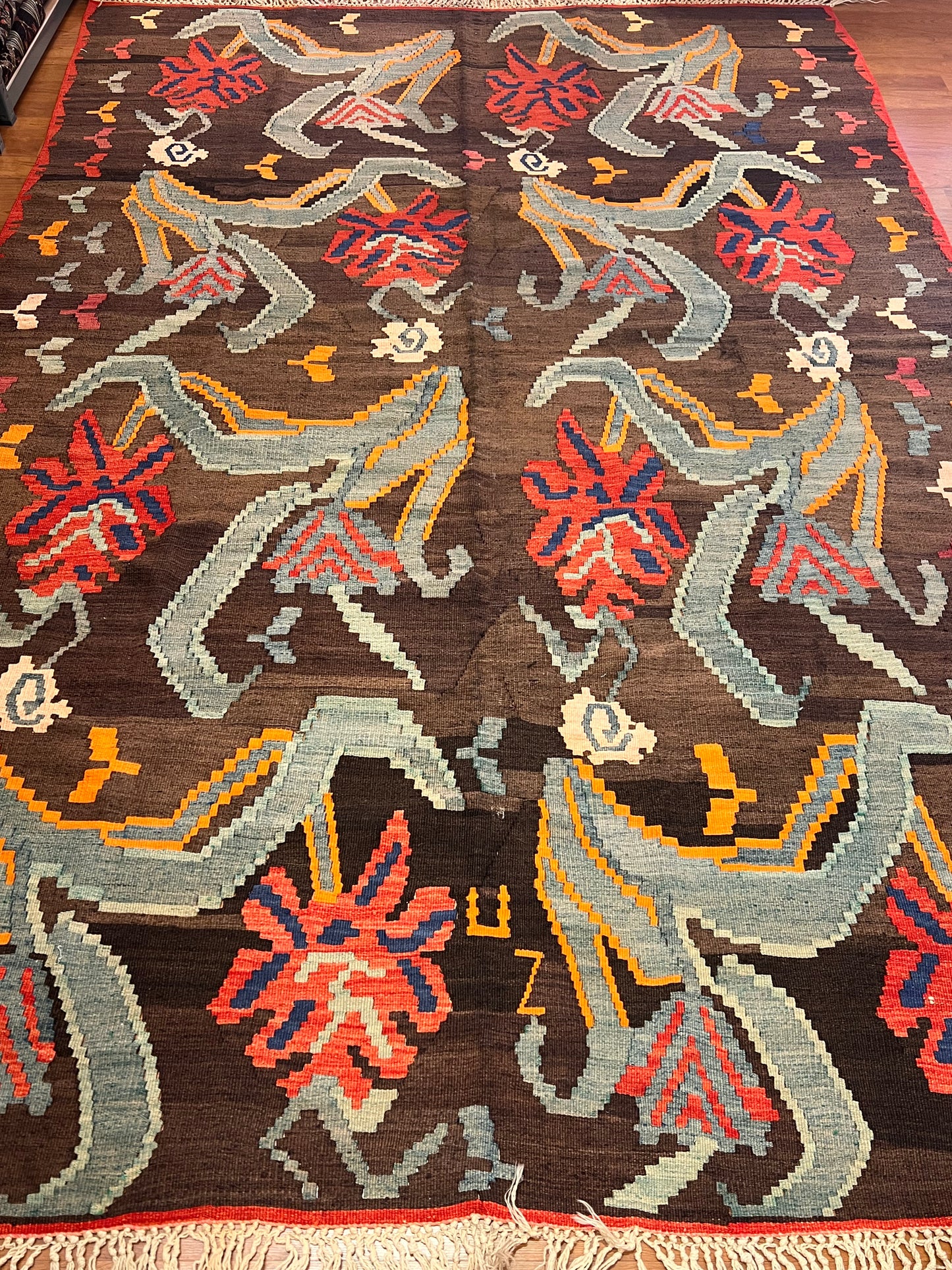 Authentic Handwoven Vintage Moldovan Kilim Rug – 70–80 Year Old Traditional Wool Kilim – Natural Vegetable Dyes – One-of-a-Kind Tribal Area Rug – 10.67’ × 7.33’