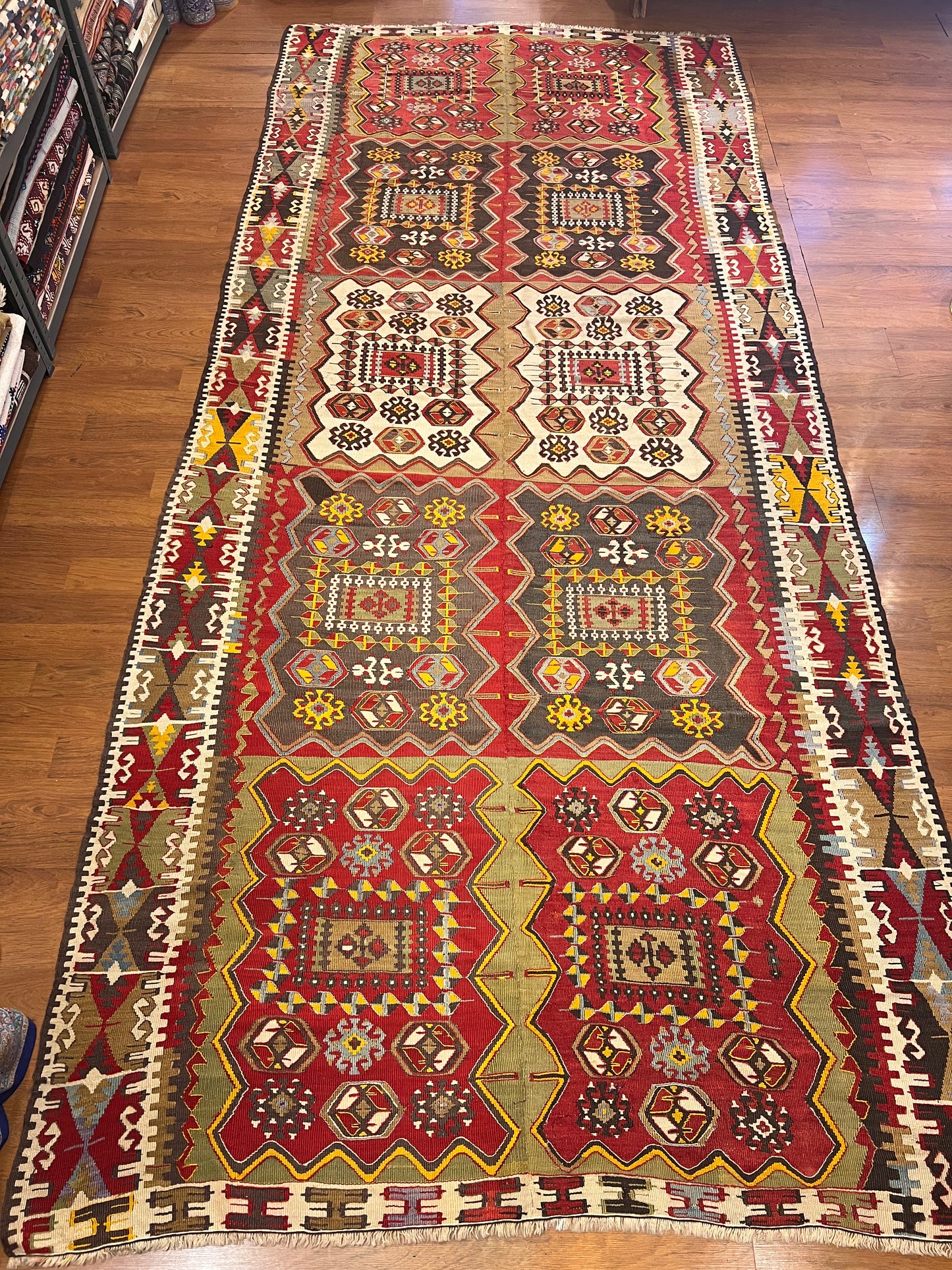 Antique Handwoven Turkish Anatolian Kilim Rug – 13’3” × 5’9” – Approx. 90–100 Years Old – Large Vintage Tribal Wool Area Rug with Authentic Geometric Motifs
