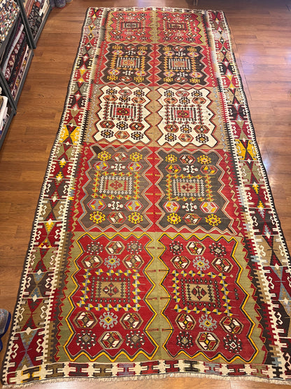 Antique Handwoven Turkish Anatolian Kilim Rug – 13’3” × 5’9” – Approx. 90–100 Years Old – Large Vintage Tribal Wool Area Rug with Authentic Geometric Motifs