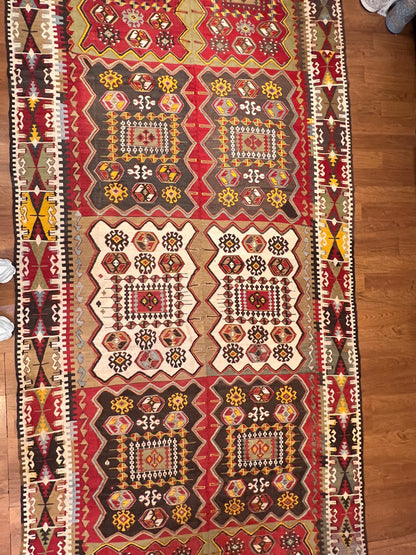 Antique Handwoven Turkish Anatolian Kilim Rug – 13’3” × 5’9” – Approx. 90–100 Years Old – Large Vintage Tribal Wool Area Rug with Authentic Geometric Motifs