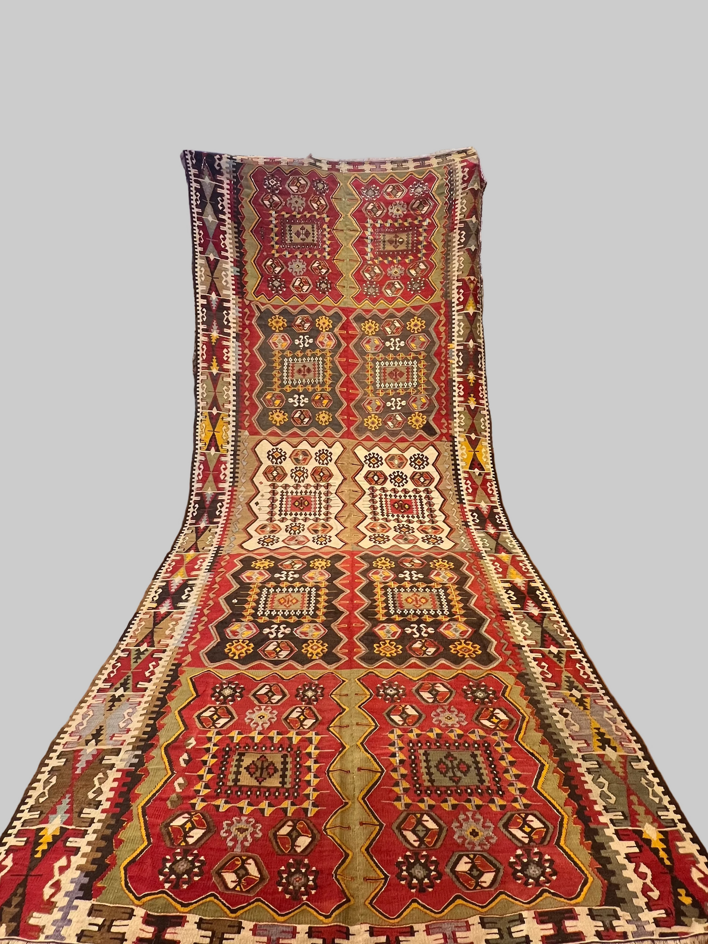 Antique Handwoven Turkish Anatolian Kilim Rug – 13’3” × 5’9” – Approx. 90–100 Years Old – Large Vintage Tribal Wool Area Rug with Authentic Geometric Motifs