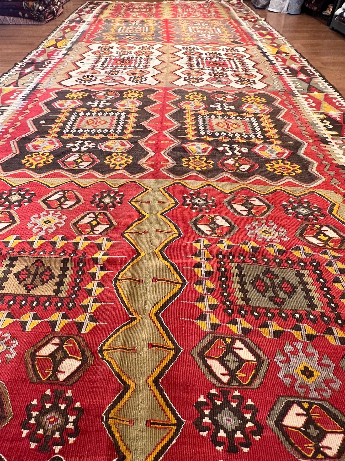 Antique Handwoven Turkish Anatolian Kilim Rug – 13’3” × 5’9” – Approx. 90–100 Years Old – Large Vintage Tribal Wool Area Rug with Authentic Geometric Motifs