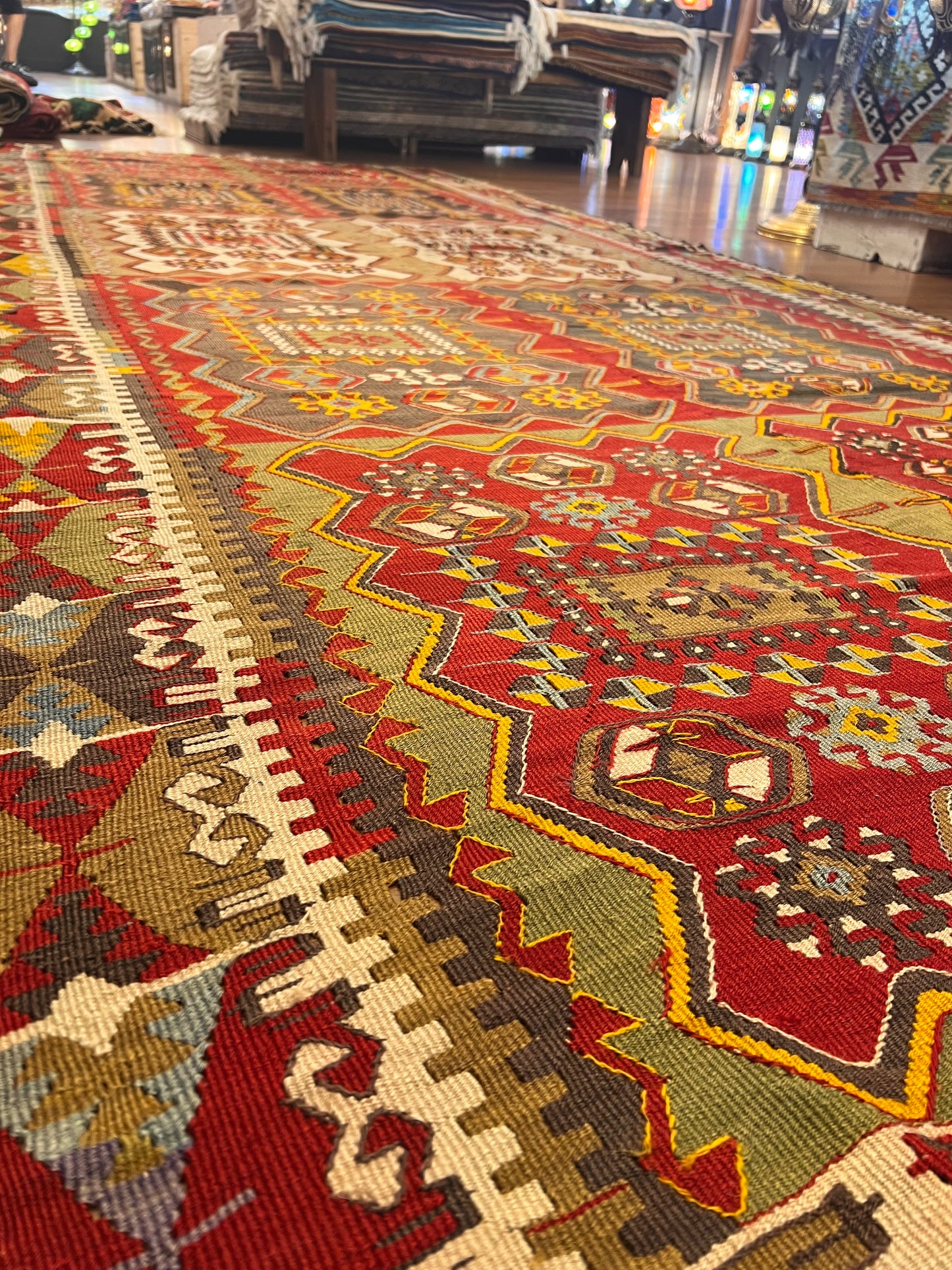 Antique Handwoven Turkish Anatolian Kilim Rug – 13’3” × 5’9” – Approx. 90–100 Years Old – Large Vintage Tribal Wool Area Rug with Authentic Geometric Motifs
