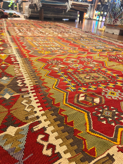 Antique Handwoven Turkish Anatolian Kilim Rug – 13’3” × 5’9” – Approx. 90–100 Years Old – Large Vintage Tribal Wool Area Rug with Authentic Geometric Motifs