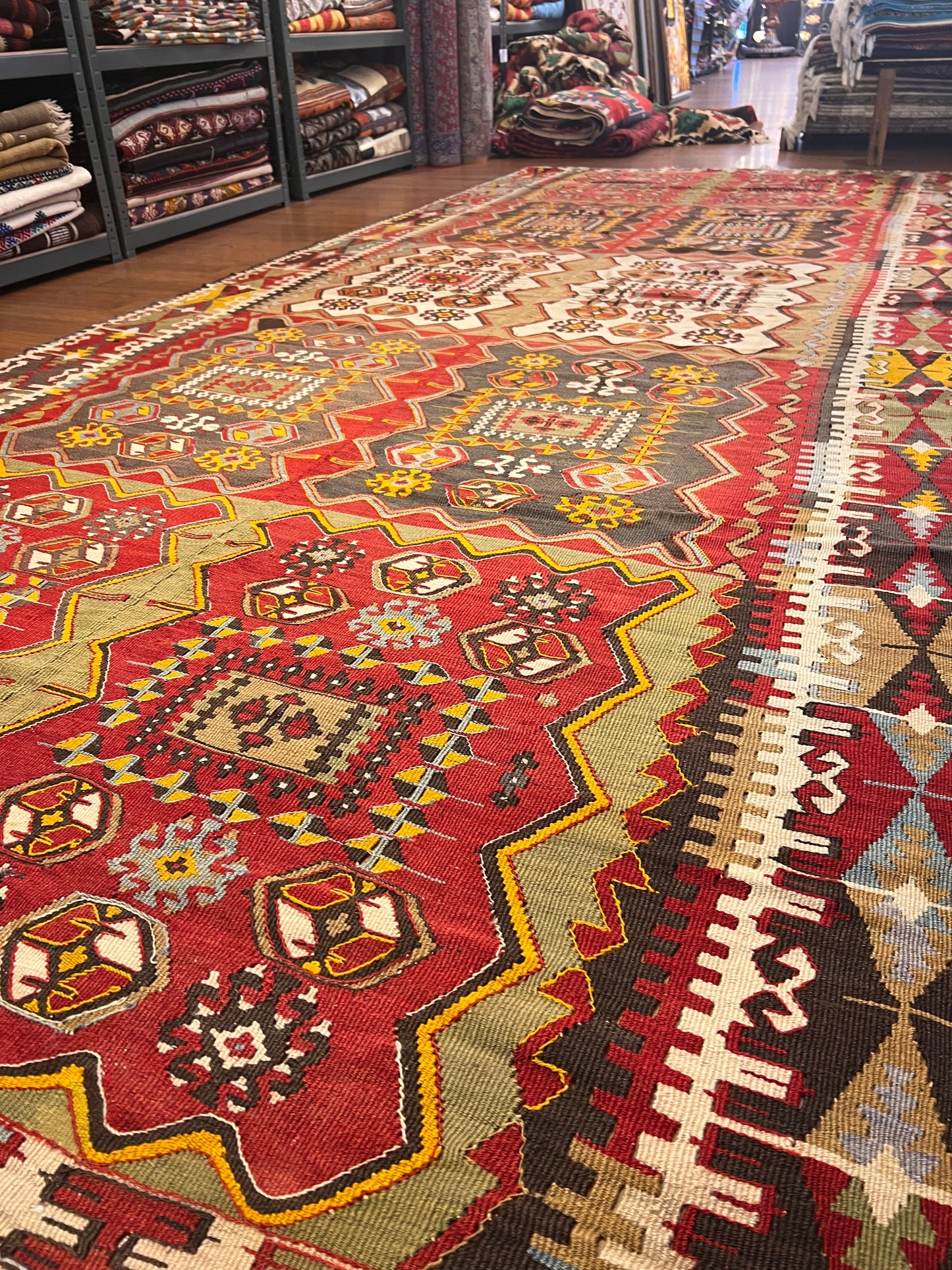 Antique Handwoven Turkish Anatolian Kilim Rug – 13’3” × 5’9” – Approx. 90–100 Years Old – Large Vintage Tribal Wool Area Rug with Authentic Geometric Motifs