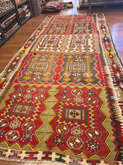 Antique Handwoven Turkish Anatolian Kilim Rug – 13’3” × 5’9” – Approx. 90–100 Years Old – Large Vintage Tribal Wool Area Rug with Authentic Geometric Motifs