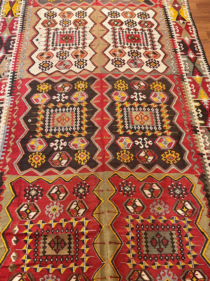 Antique Handwoven Turkish Anatolian Kilim Rug – 13’3” × 5’9” – Approx. 90–100 Years Old – Large Vintage Tribal Wool Area Rug with Authentic Geometric Motifs