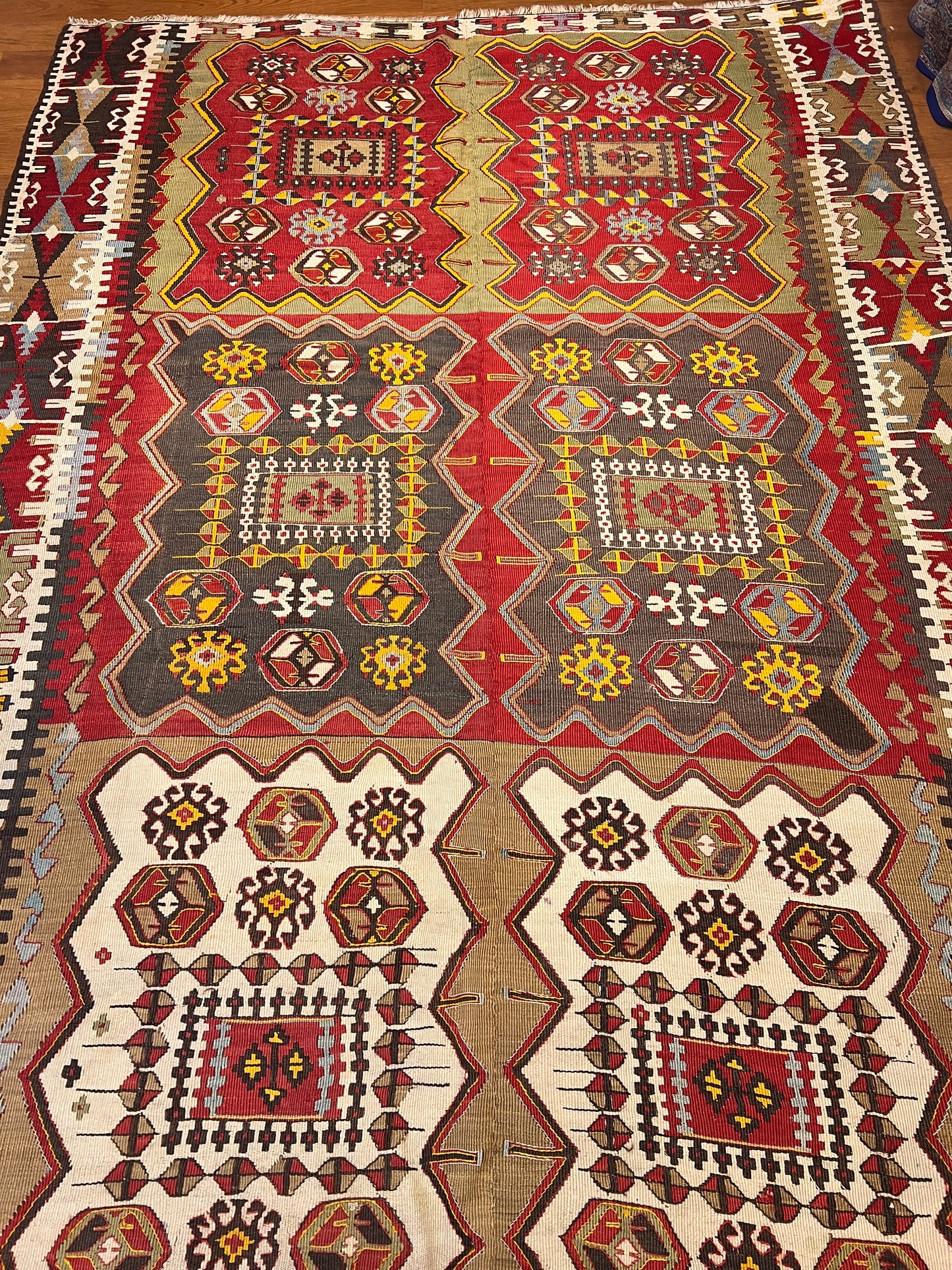 Antique Handwoven Turkish Anatolian Kilim Rug – 13’3” × 5’9” – Approx. 90–100 Years Old – Large Vintage Tribal Wool Area Rug with Authentic Geometric Motifs