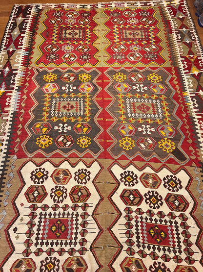 Antique Handwoven Turkish Anatolian Kilim Rug – 13’3” × 5’9” – Approx. 90–100 Years Old – Large Vintage Tribal Wool Area Rug with Authentic Geometric Motifs