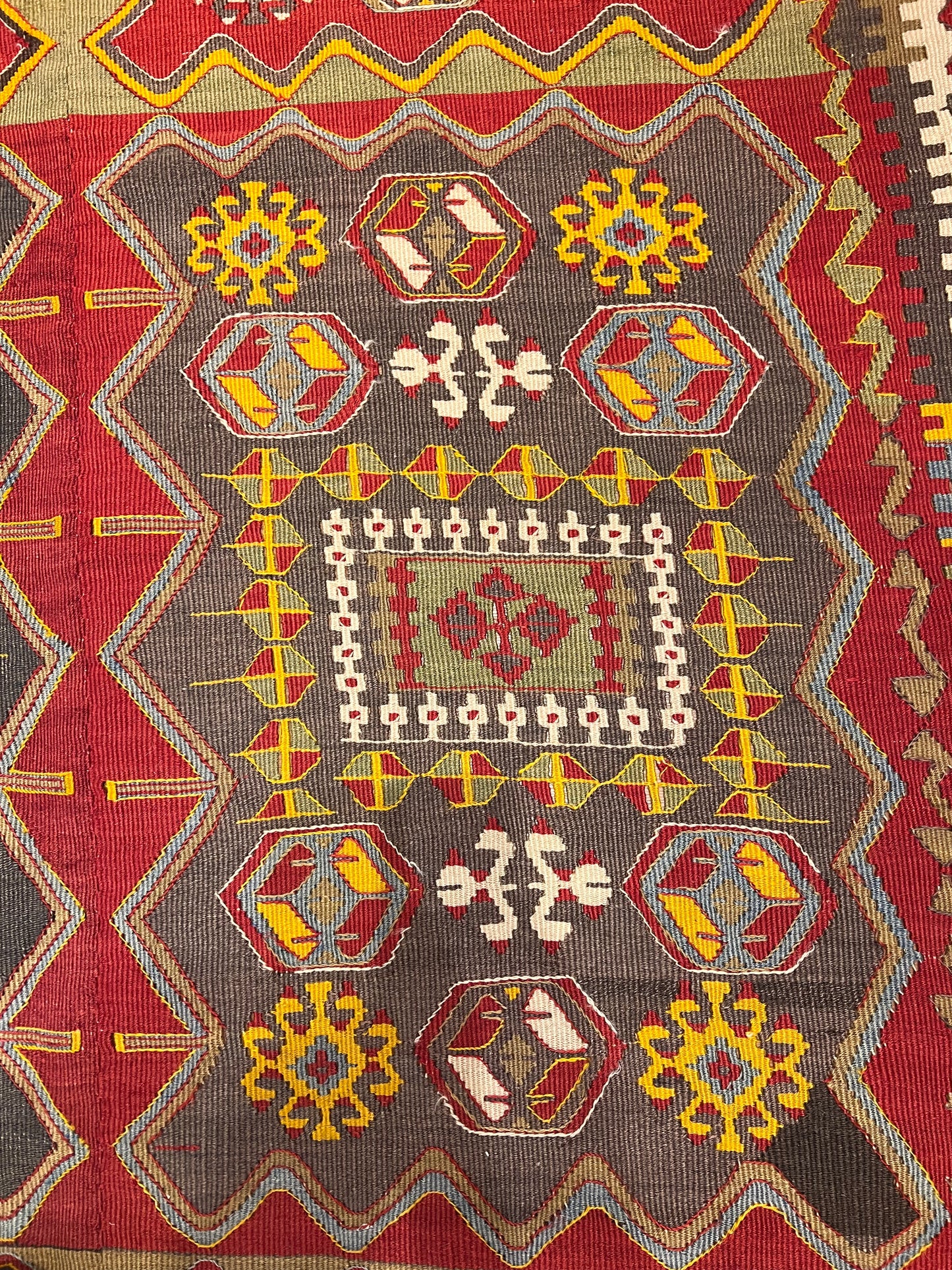Antique Handwoven Turkish Anatolian Kilim Rug – 13’3” × 5’9” – Approx. 90–100 Years Old – Large Vintage Tribal Wool Area Rug with Authentic Geometric Motifs
