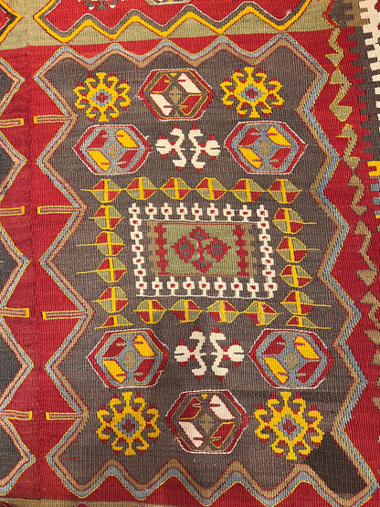 Antique Handwoven Turkish Anatolian Kilim Rug – 13’3” × 5’9” – Approx. 90–100 Years Old – Large Vintage Tribal Wool Area Rug with Authentic Geometric Motifs