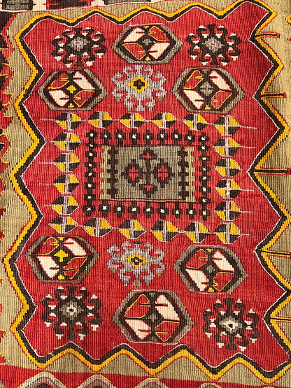 Antique Handwoven Turkish Anatolian Kilim Rug – 13’3” × 5’9” – Approx. 90–100 Years Old – Large Vintage Tribal Wool Area Rug with Authentic Geometric Motifs