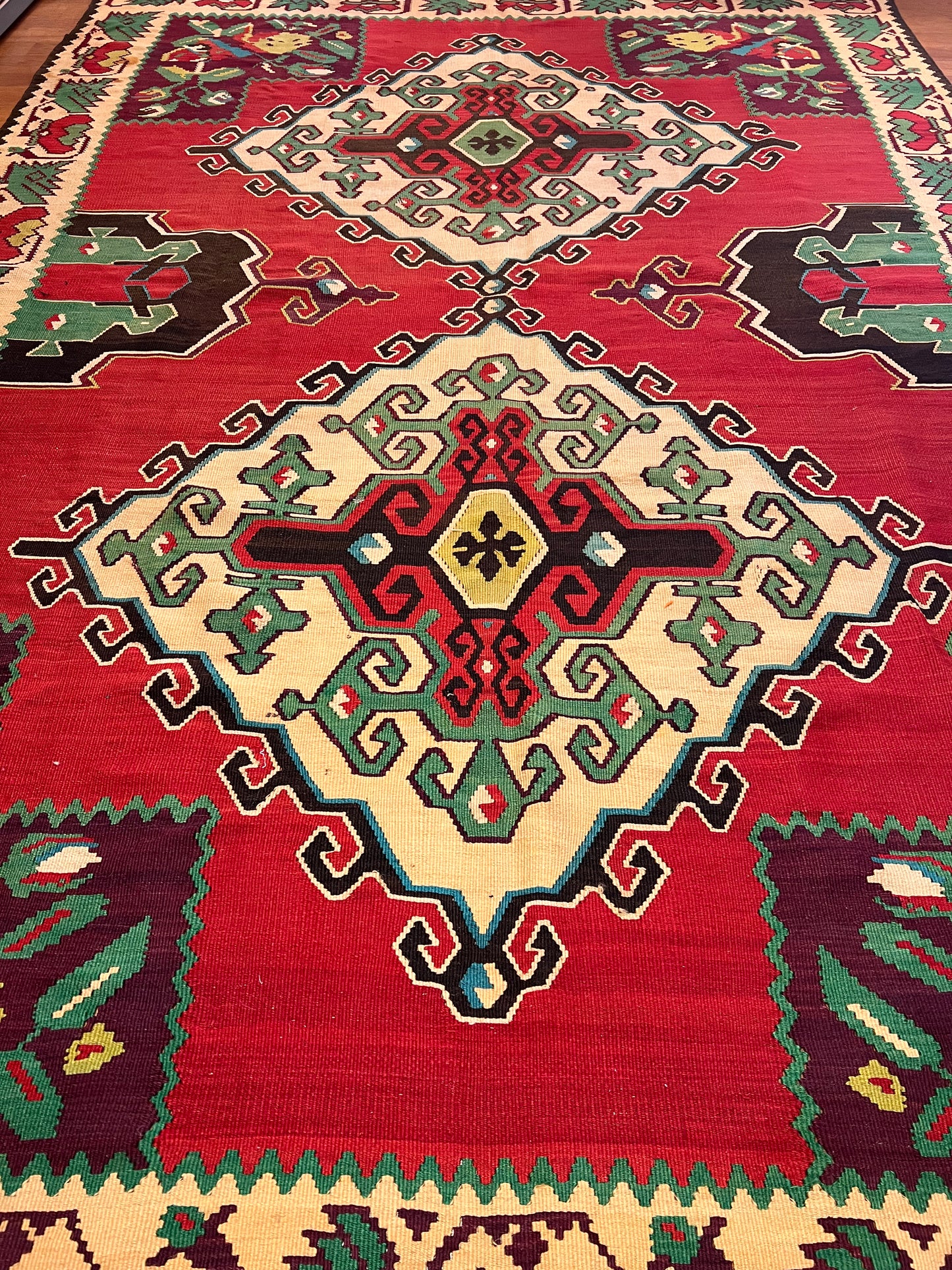 Large Antique Moldovan Handwoven Wool Kilim Rug – 10.9 ft × 7.3 ft | Approximately 80 Years Old | Traditional Geometric & Floral Design
