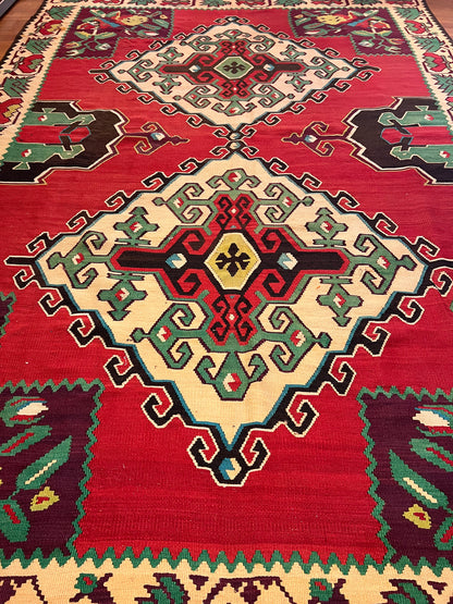 Large Antique Moldovan Handwoven Wool Kilim Rug – 10.9 ft × 7.3 ft | Approximately 80 Years Old | Traditional Geometric & Floral Design