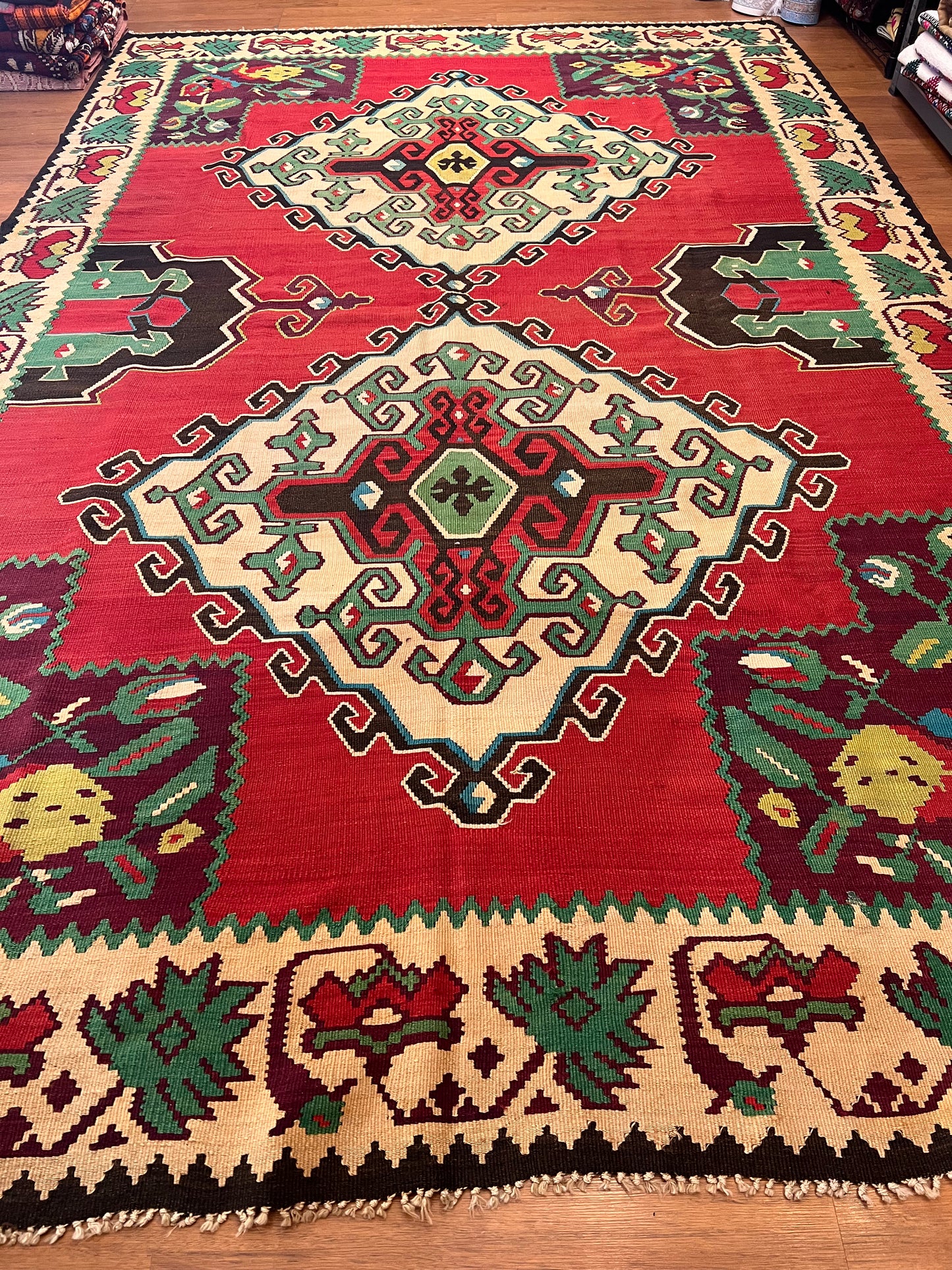 Large Antique Moldovan Handwoven Wool Kilim Rug – 10.9 ft × 7.3 ft | Approximately 80 Years Old | Traditional Geometric & Floral Design