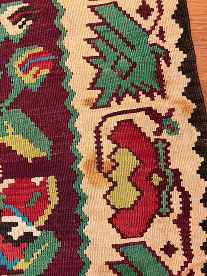 Large Antique Moldovan Handwoven Wool Kilim Rug – 10.9 ft × 7.3 ft | Approximately 80 Years Old | Traditional Geometric & Floral Design