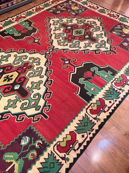 Large Antique Moldovan Handwoven Wool Kilim Rug – 10.9 ft × 7.3 ft | Approximately 80 Years Old | Traditional Geometric & Floral Design