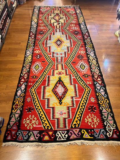 Large Antique Handwoven Wool Kilim Runner – 13.1 ft × 4.8 ft | Approximately 80 Years Old | Traditional Geometric Tribal Design