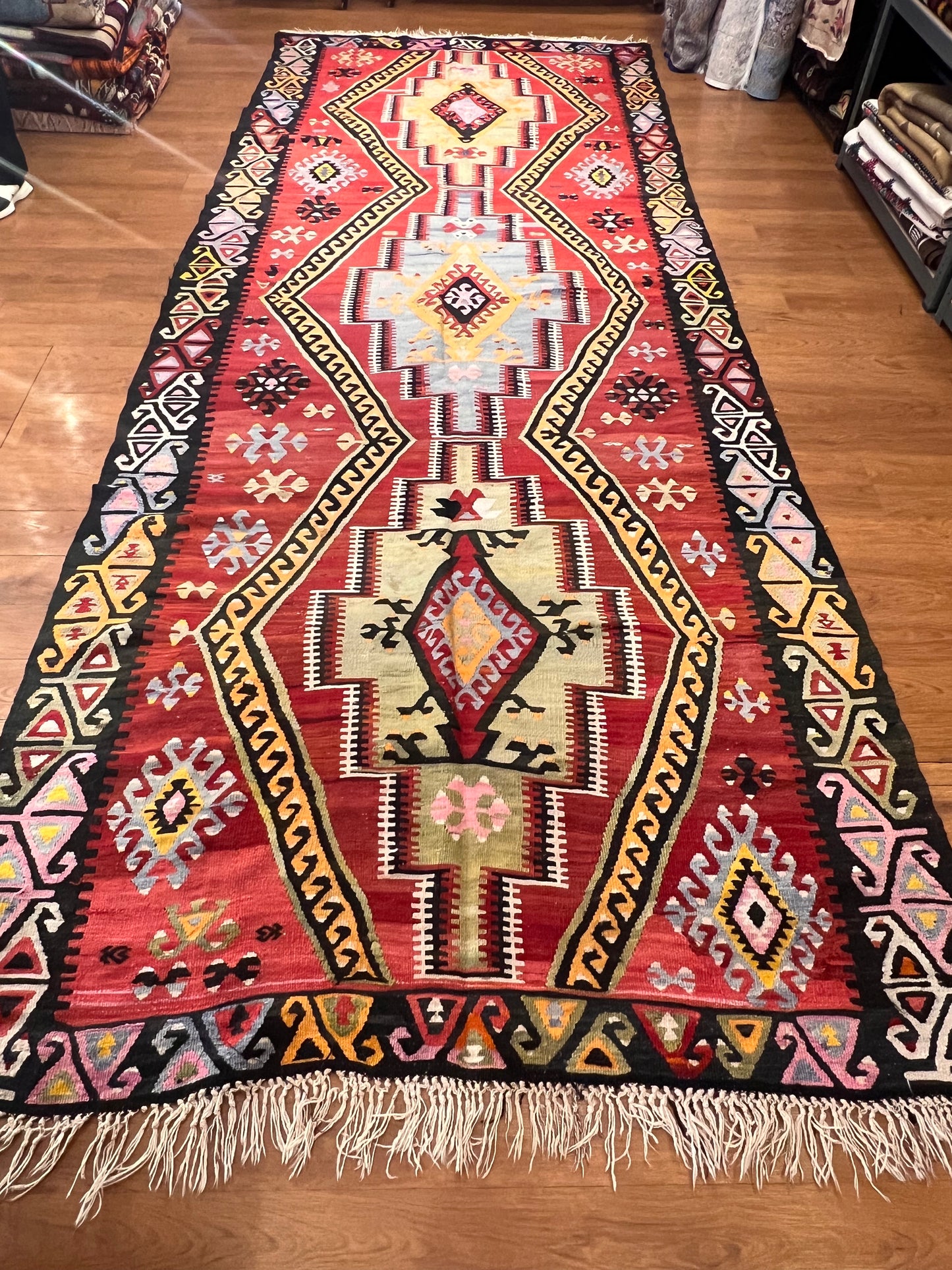 Large Antique Handwoven Wool Kilim Runner – 13.1 ft × 4.8 ft | Approximately 80 Years Old | Traditional Geometric Tribal Design