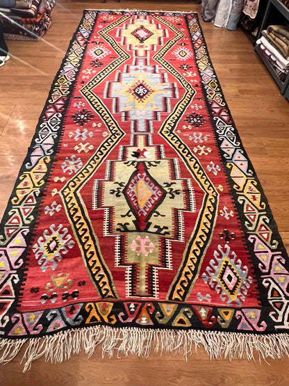 Large Antique Handwoven Wool Kilim Runner – 13.1 ft × 4.8 ft | Approximately 80 Years Old | Traditional Geometric Tribal Design