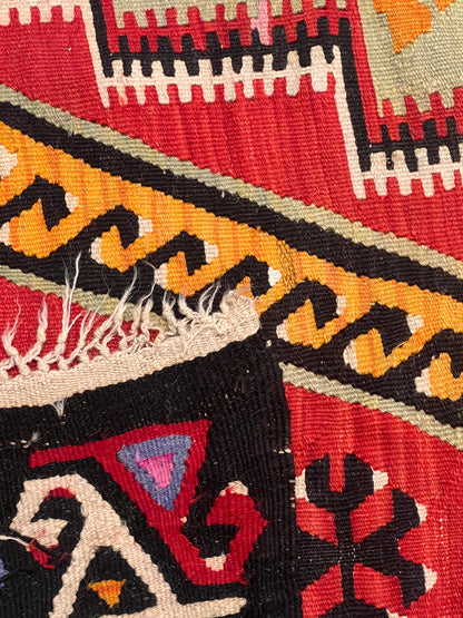 Large Antique Handwoven Wool Kilim Runner – 13.1 ft × 4.8 ft | Approximately 80 Years Old | Traditional Geometric Tribal Design