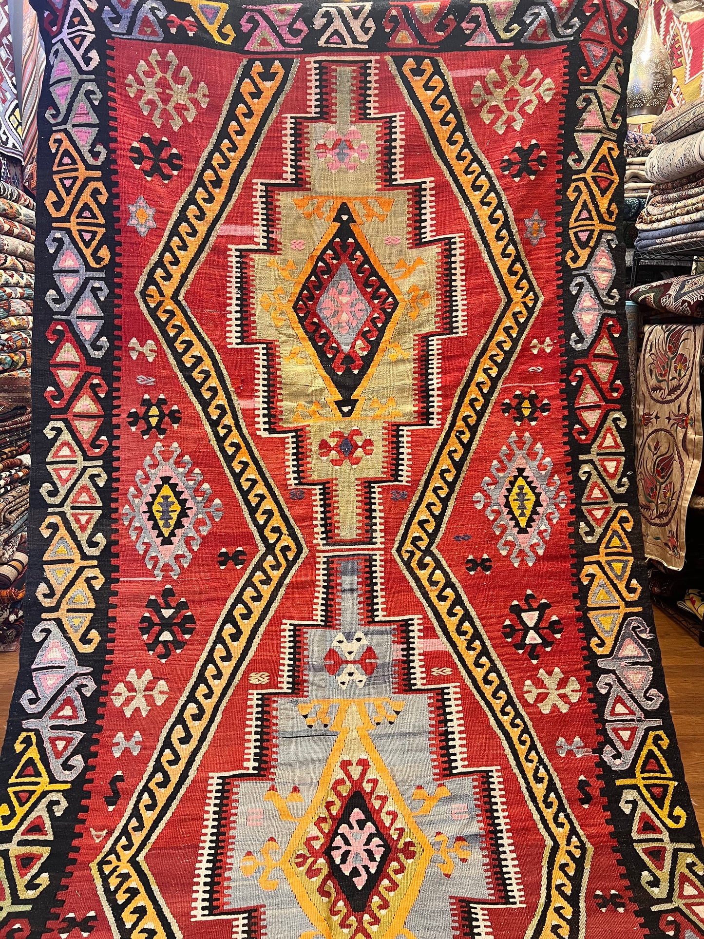 Large Antique Handwoven Wool Kilim Runner – 13.1 ft × 4.8 ft | Approximately 80 Years Old | Traditional Geometric Tribal Design