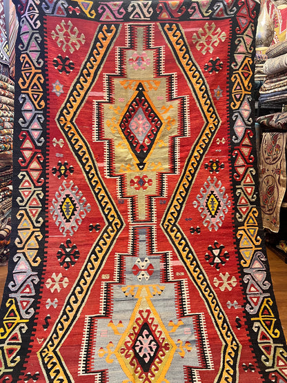 Large Antique Handwoven Wool Kilim Runner – 13.1 ft × 4.8 ft | Approximately 80 Years Old | Traditional Geometric Tribal Design