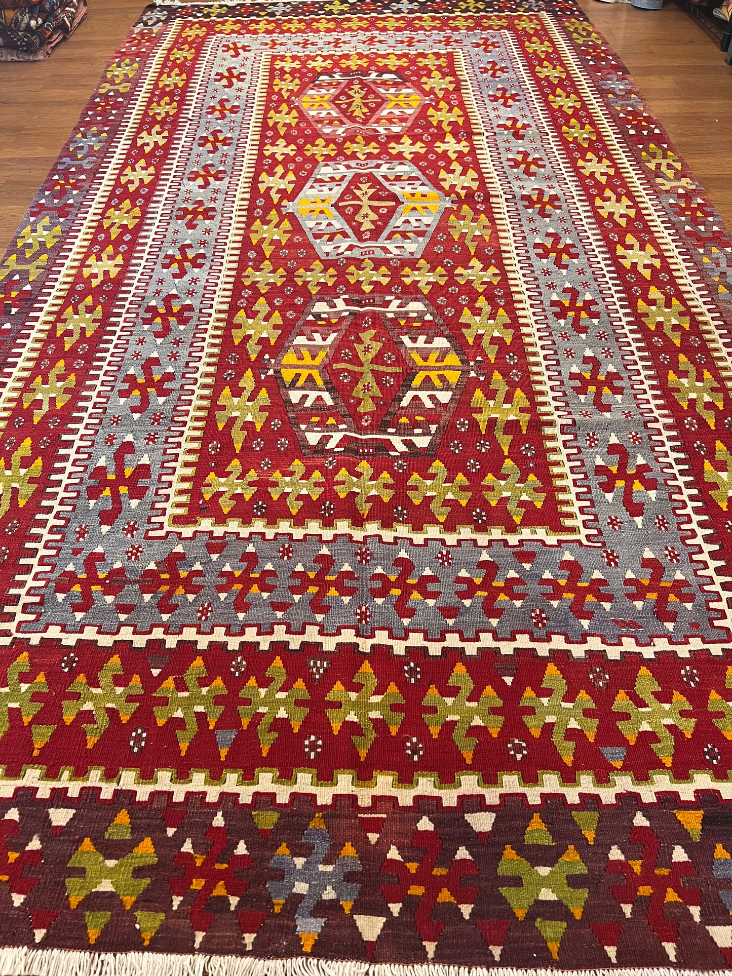 Large Antique Handwoven Wool Kilim Rug – 10.8 ft × 5.5 ft | Approximately 80–90 Years Old | Traditional Geometric Tribal Design