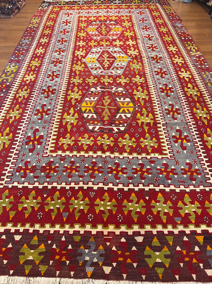 Large Antique Handwoven Wool Kilim Rug – 10.8 ft × 5.5 ft | Approximately 80–90 Years Old | Traditional Geometric Tribal Design