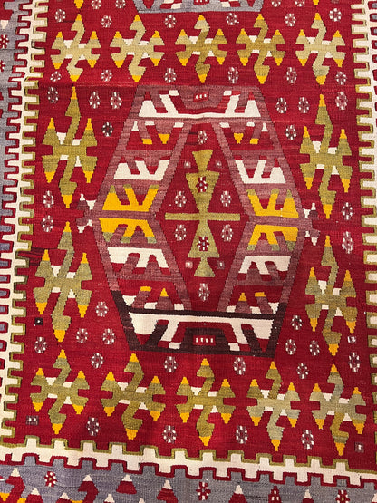 Large Antique Handwoven Wool Kilim Rug – 10.8 ft × 5.5 ft | Approximately 80–90 Years Old | Traditional Geometric Tribal Design
