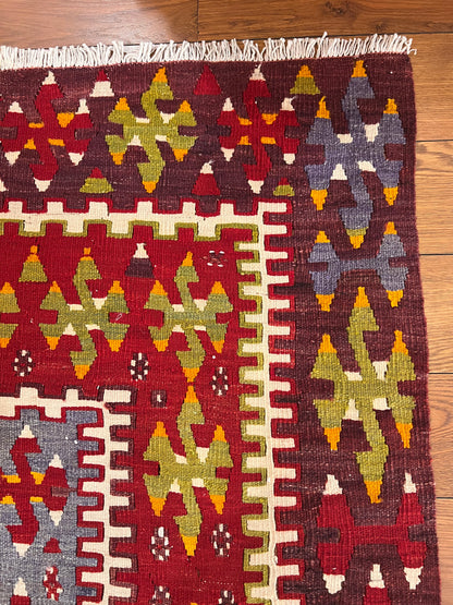 Large Antique Handwoven Wool Kilim Rug – 10.8 ft × 5.5 ft | Approximately 80–90 Years Old | Traditional Geometric Tribal Design