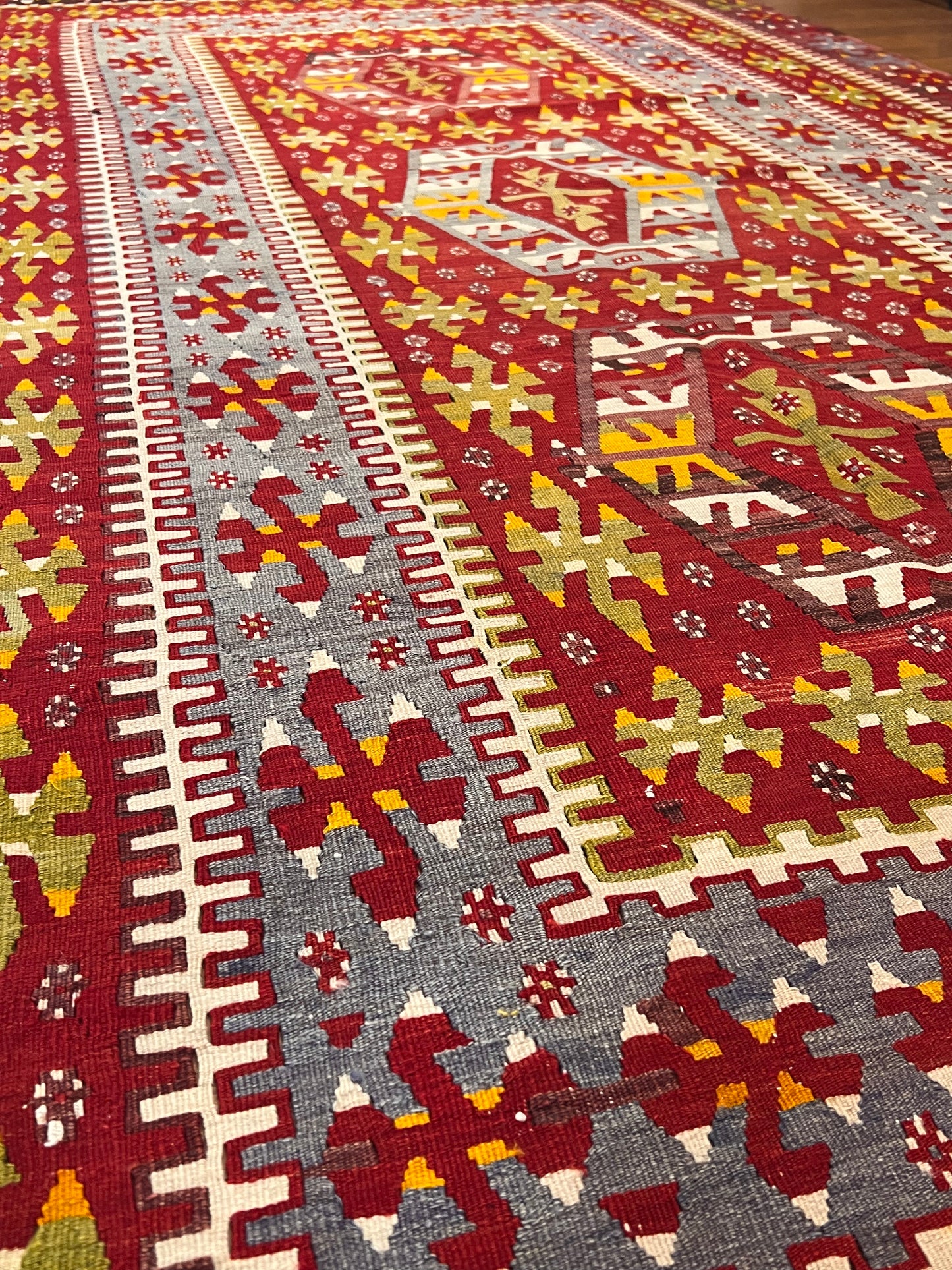 Large Antique Handwoven Wool Kilim Rug – 10.8 ft × 5.5 ft | Approximately 80–90 Years Old | Traditional Geometric Tribal Design