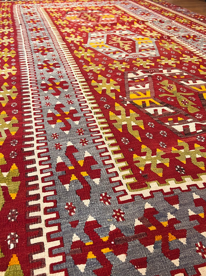 Large Antique Handwoven Wool Kilim Rug – 10.8 ft × 5.5 ft | Approximately 80–90 Years Old | Traditional Geometric Tribal Design