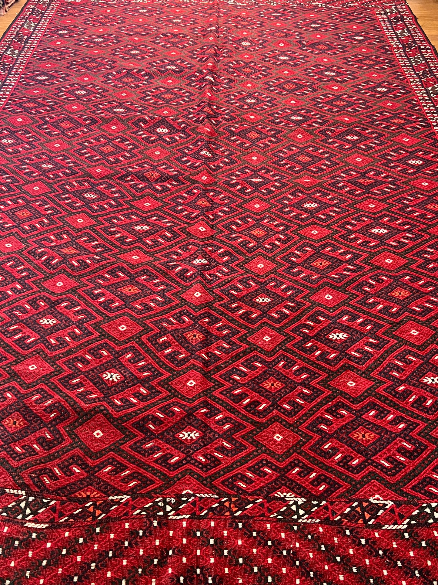 Large Hand-Embroidered Turkmen Wool Rug – 11.3 ft × 6.6 ft | Traditional Geometric Tribal Design | Handmade Rug from Turkmenistan