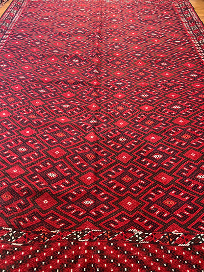 Large Hand-Embroidered Turkmen Wool Rug – 11.3 ft × 6.6 ft | Traditional Geometric Tribal Design | Handmade Rug from Turkmenistan