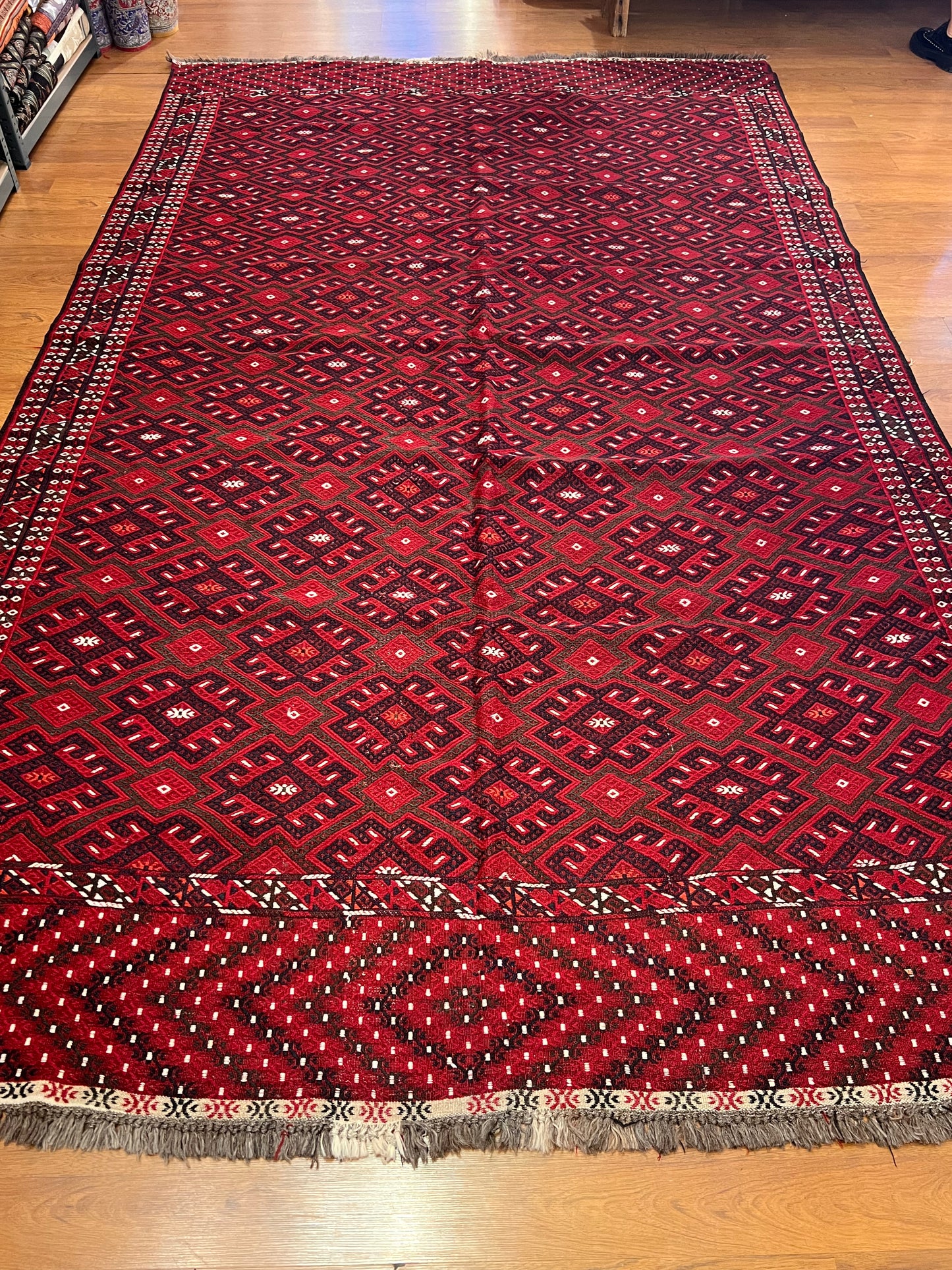 Large Hand-Embroidered Turkmen Wool Rug – 11.3 ft × 6.6 ft | Traditional Geometric Tribal Design | Handmade Rug from Turkmenistan