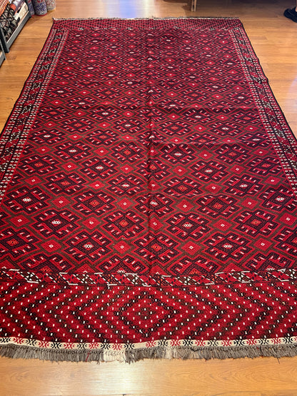Large Hand-Embroidered Turkmen Wool Rug – 11.3 ft × 6.6 ft | Traditional Geometric Tribal Design | Handmade Rug from Turkmenistan