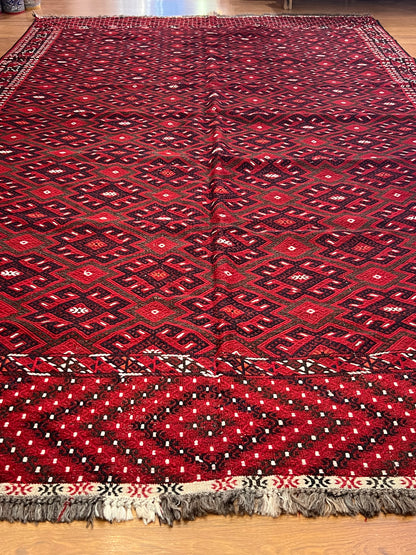 Large Hand-Embroidered Turkmen Wool Rug – 11.3 ft × 6.6 ft | Traditional Geometric Tribal Design | Handmade Rug from Turkmenistan