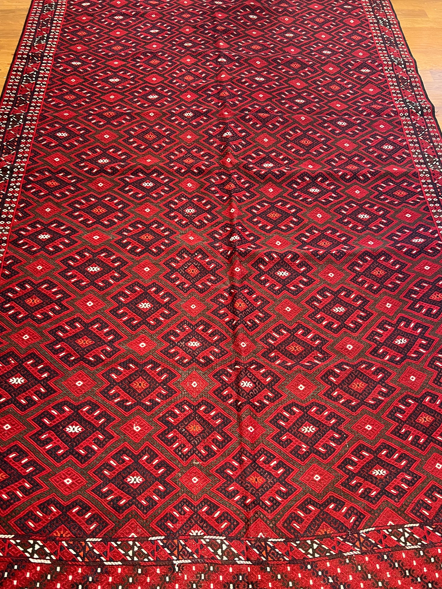 Large Hand-Embroidered Turkmen Wool Rug – 11.3 ft × 6.6 ft | Traditional Geometric Tribal Design | Handmade Rug from Turkmenistan