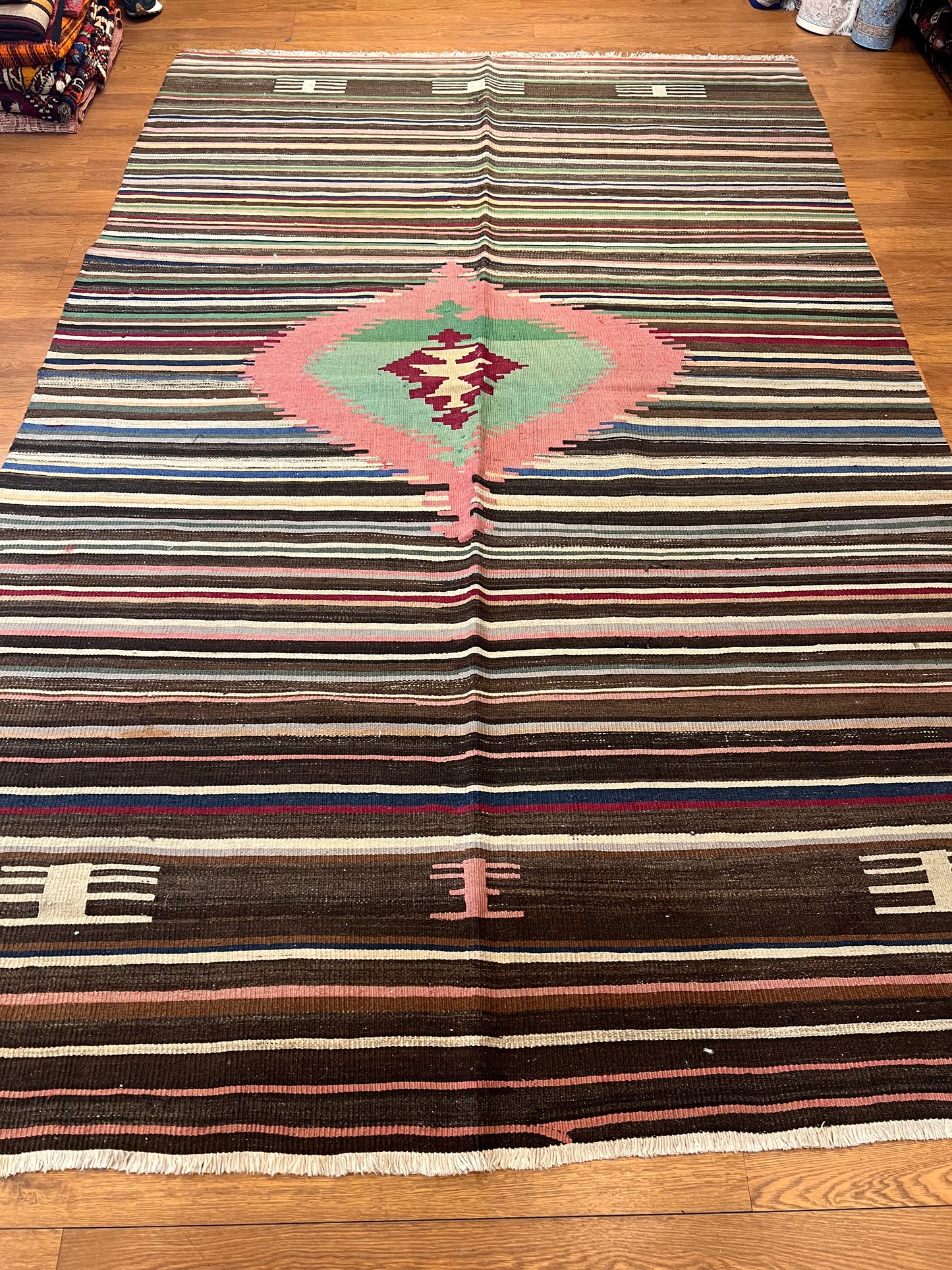 Handwoven Turkish Wool Kilim Rug – 9.3 ft × 5.8 ft | Traditional Striped Tribal Design | Handmade Flat Weave