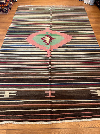 Handwoven Turkish Wool Kilim Rug – 9.3 ft × 5.8 ft | Traditional Striped Tribal Design | Handmade Flat Weave