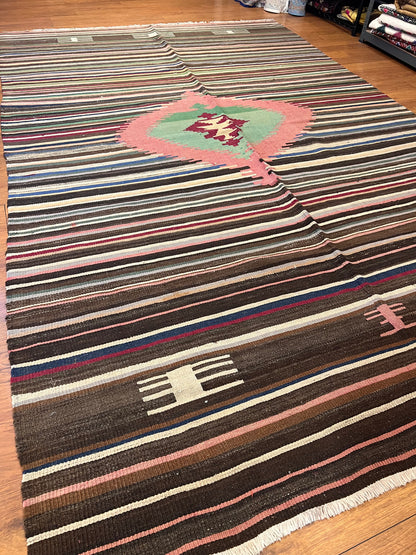 Handwoven Turkish Wool Kilim Rug – 9.3 ft × 5.8 ft | Traditional Striped Tribal Design | Handmade Flat Weave