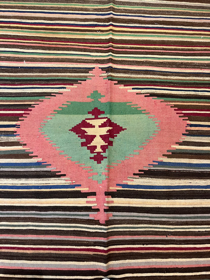Handwoven Turkish Wool Kilim Rug – 9.3 ft × 5.8 ft | Traditional Striped Tribal Design | Handmade Flat Weave