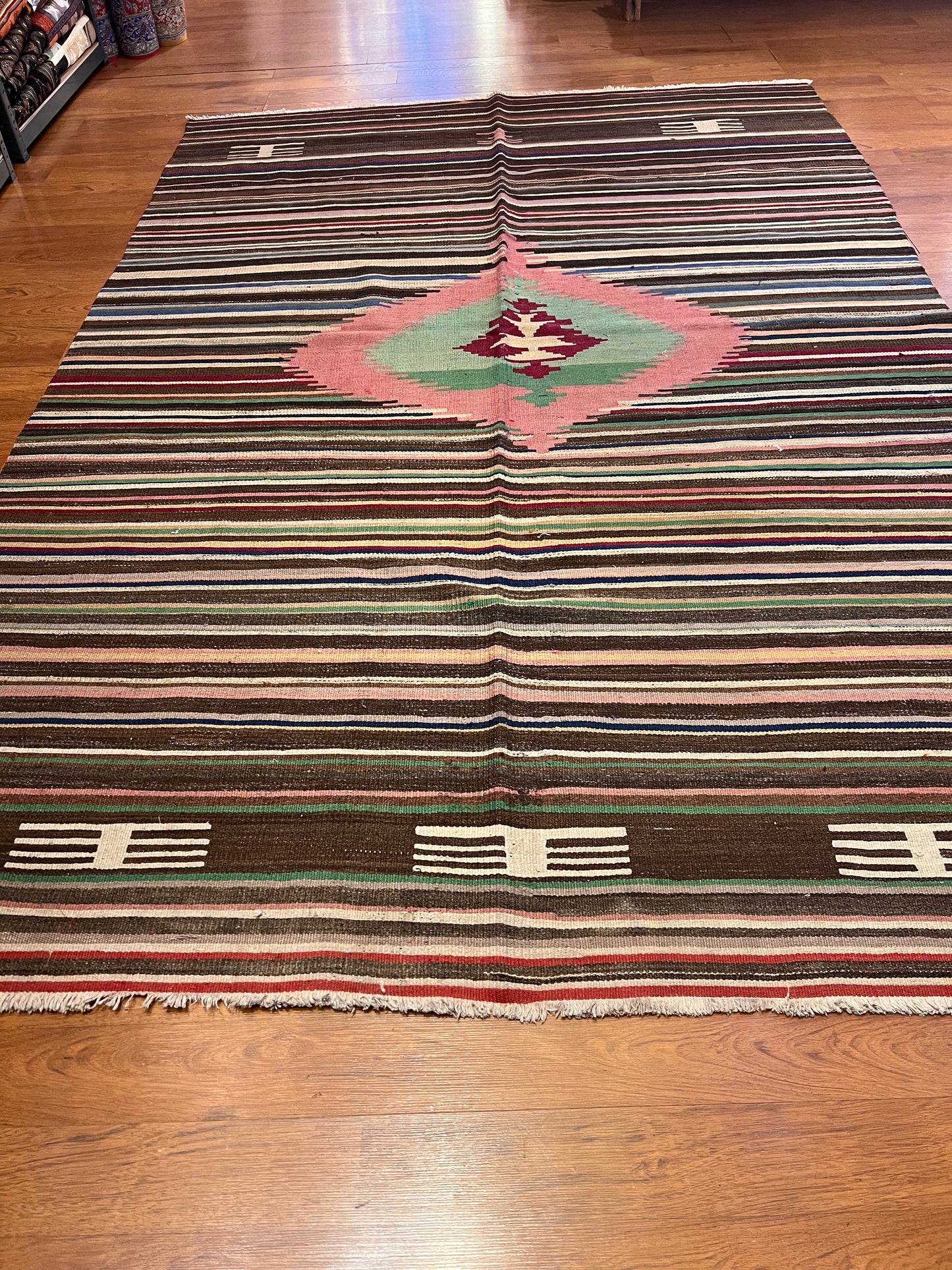 Handwoven Turkish Wool Kilim Rug – 9.3 ft × 5.8 ft | Traditional Striped Tribal Design | Handmade Flat Weave