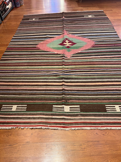 Handwoven Turkish Wool Kilim Rug – 9.3 ft × 5.8 ft | Traditional Striped Tribal Design | Handmade Flat Weave