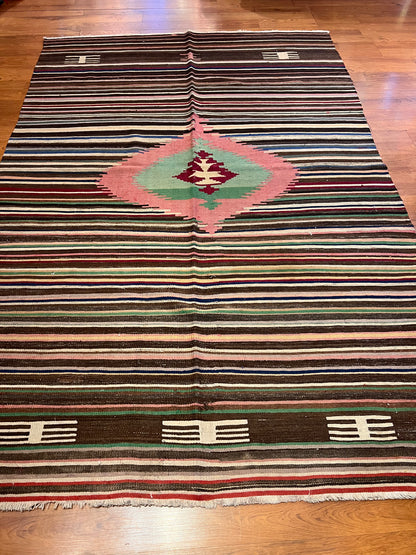 Handwoven Turkish Wool Kilim Rug – 9.3 ft × 5.8 ft | Traditional Striped Tribal Design | Handmade Flat Weave