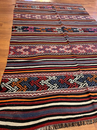 Vintage Embroidered Anatolian Kilim Rug – 94” × 57” | Approx. 70 Years Old | Natural Root-Dyed Wool Tribal Flatweave