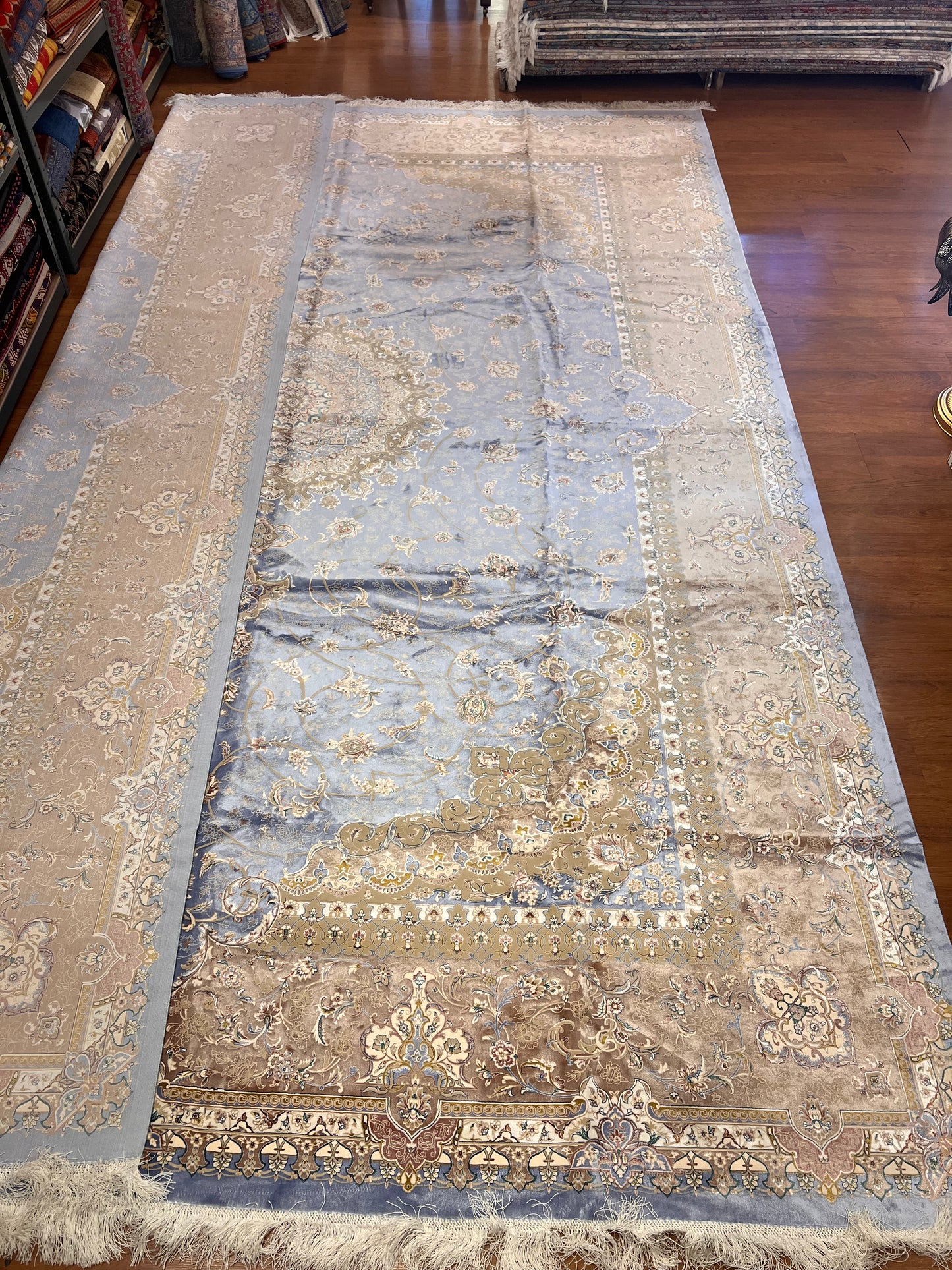Luxury Bamboo Silk Area Rug – 13.4’ × 9.7’ | Grand Medallion Design | Premium Blue & Ivory Statement Rug