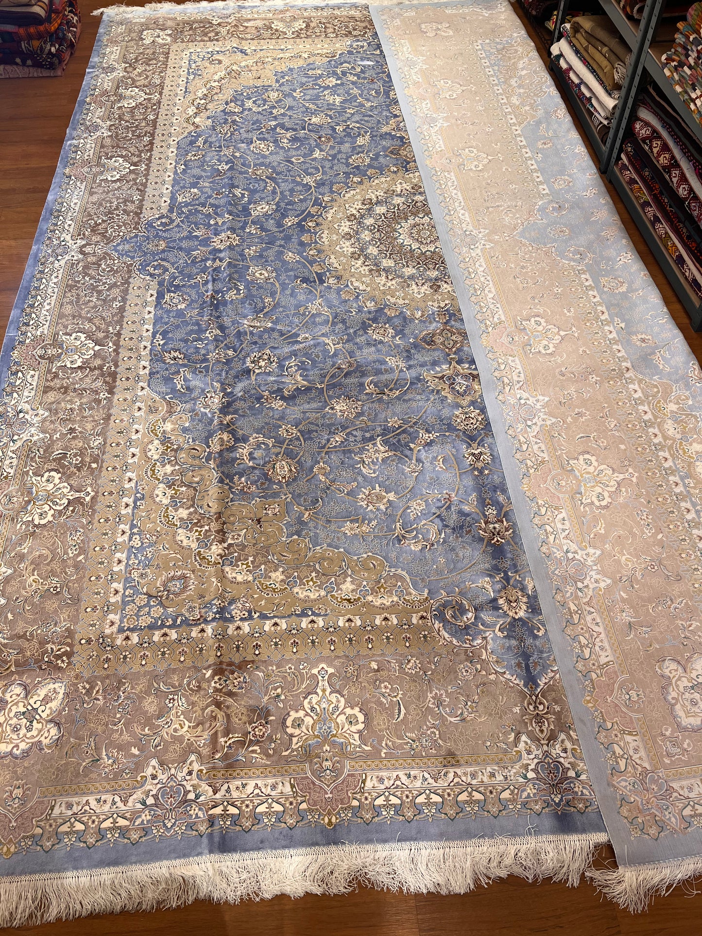 Luxury Bamboo Silk Area Rug – 13.4’ × 9.7’ | Grand Medallion Design | Premium Blue & Ivory Statement Rug